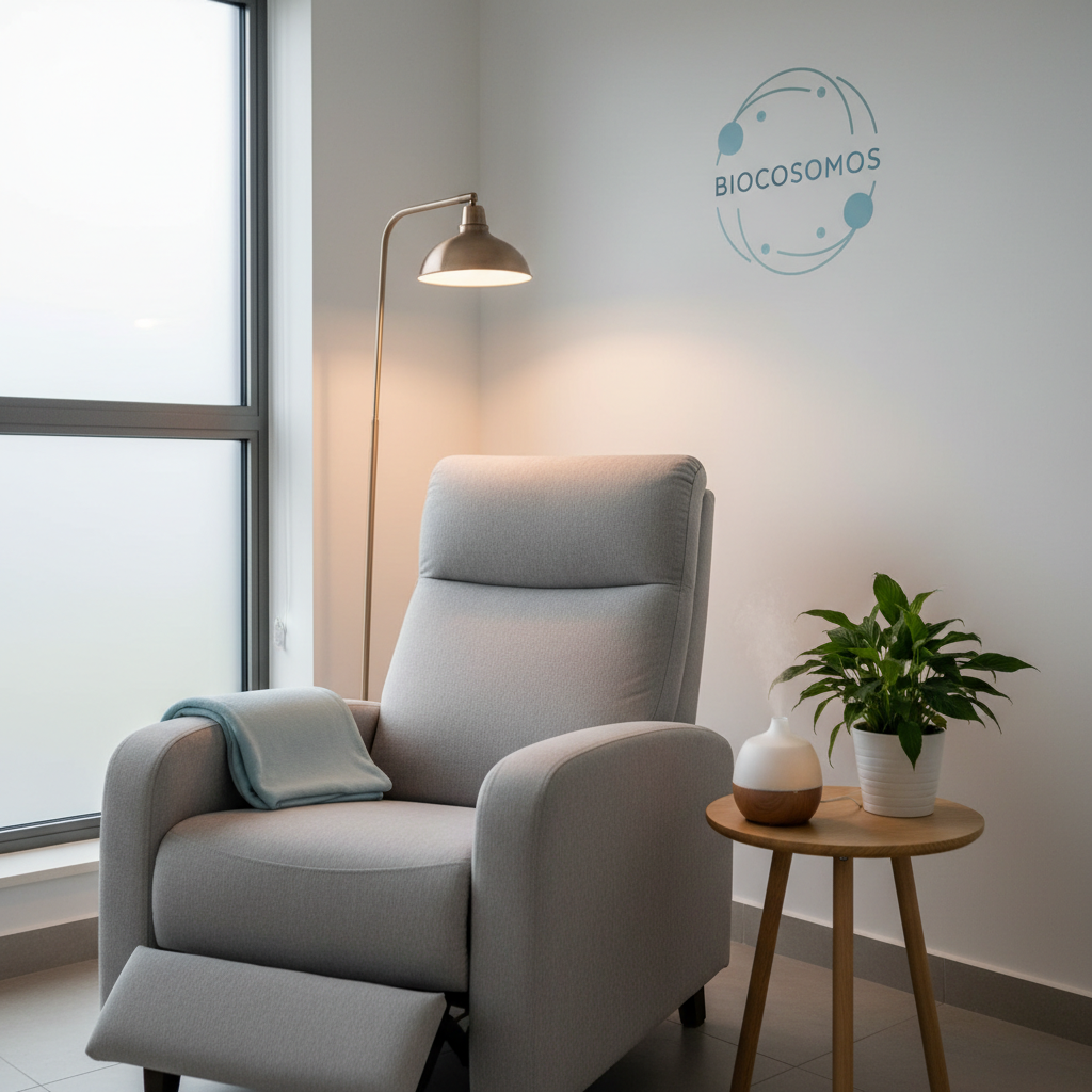 Una esquina acogedora de una clínica de rehabilitación sin personas, dedicada a aliviar estrés acumulado: una butaca reclinable ergonómica vacía en tapizado gris claro de textura suave, con manta ligera azul doblada sobre el reposabrazos y una lámpara de pie de diseño minimalista emitiendo luz cálida indirecta. A un lado, una pequeña mesa redonda de madera clara sostiene un difusor de aromaterapia de vidrio esmerilado desprendiendo una tenue neblina, junto a una planta de hojas verdes brillantes. El fondo muestra una pared blanco roto con un discreto logotipo de Biocosmos en tonos azules. La iluminación mezcla la luz de tarde que entra suavemente por una ventana y la calidez de la lámpara, creando atmósfera tranquila y segura. Composición a nivel de ojo, estilo fotográfico realista, con enfoque suave y sensación de refugio terapéutico.