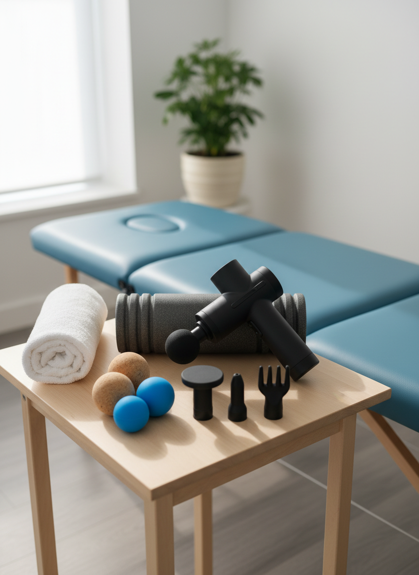Detalle fotográfico de material para terapia de tejido profundo y percusión sobre una mesa auxiliar de madera clara sin presencia humana: una pistola de masaje profesional de acabado negro mate con cabezales intercambiables de goma espesa, un rodillo de espuma de alta densidad en gris grafito, varias pelotas de liberación miofascial de corcho natural y silicona azul, y una toalla blanca perfectamente doblada. La mesa se sitúa junto a una camilla azul en una sala de rehabilitación minimalista, con paredes blancas y una planta verde en maceta cerámica al fondo, ligeramente desenfocada. Luz de mañana suave entra por una ventana lateral, generando sombras delicadas y reflejos contenidos en las superficies. El ambiente es calmado y profesional, con composición cenital ligeramente angulada, estilo fotográfico realista y estética ordenada que evoca cuidado minucioso del tejido muscular.