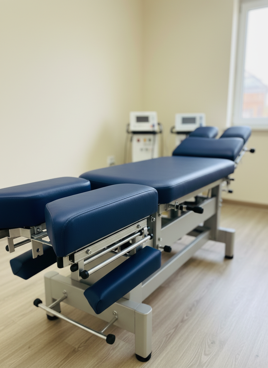 Primer plano fotográfico de una camilla de quiropráctica profesional sin personas, con superficie de vinilo azul oscuro texturizado y secciones articuladas metálicas pulidas, mostrando con detalle los mecanismos de ajuste y acolchados firmes. La camilla está situada en una sala luminosa de paredes blancas cálidas y suelo de vinilo imitación madera, con aparatos de electroterapia y neuromodulación discretamente visibles al fondo, ligeramente desenfocados. Una luz natural de tarde entra en diagonal desde una ventana lateral, creando reflejos suaves en el metal y sombras tenues bajo la camilla. El ambiente es clínico pero acogedor, limpio y organizado. La toma es en ángulo tres cuartos, con profundidad de campo media, estilo fotográfico realista y estética profesional, ideal para transmitir precisión técnica y confianza en un centro de rehabilitación integral.