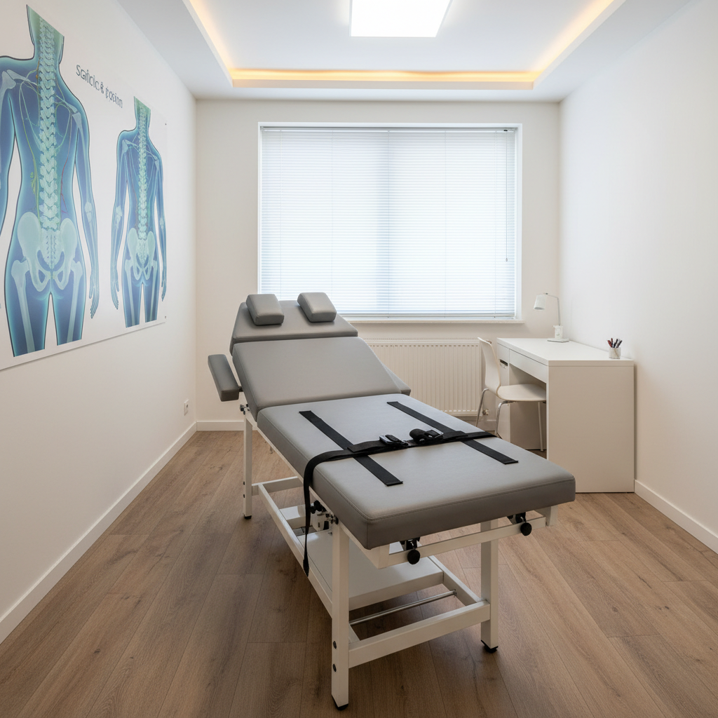 Una sala específica para tratamiento de dolor lumbar y ciática sin personas, con una camilla regulable inclinada suavemente, equipada con un soporte lumbar acolchado gris y correas de sujeción negras bien organizadas. Sobre una pared lateral, un panel gráfico moderno muestra ilustraciones esquemáticas de la columna lumbar y el trayecto del nervio ciático en tonos azul, verde y gris. El suelo vinílico imitación madera y los muebles blancos aportan sensación de limpieza. Luz natural filtrada por estores crea un resplandor homogéneo, realzado por tiras LED cálidas ocultas en el techo, dando un ambiente acogedor y técnico. Fotografía en gran angular moderado, a nivel de ojo, con enfoque nítido en la zona lumbar de la camilla y profundidad de campo suficiente para apreciar el contexto, en estilo fotográfico realista, ideal para comunicar enfoque especializado en lumbalgias y ciatalgias.