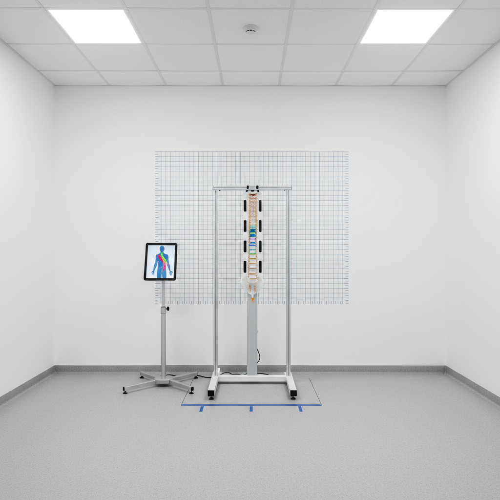 Vista fotográfica detallada de una estación de evaluación postural sin personas en una clínica de rehabilitación física: una pared blanca con una cuadrícula milimetrada azul para análisis postural, alineada con marcas discretas en el suelo de goma gris antideslizante. Frente a la pared se encuentra un moderno escáner postural de columna con estructura metálica blanca y sensores alineados verticalmente, montado sobre una base estable. A un lado, una tablet sobre soporte ajustable muestra la silueta de una columna con curvas resaltadas en colores. Luz blanca neutra de paneles LED en el techo ilumina de forma homogénea, evitando sombras fuertes y resaltando precisión técnica. La composición es frontal, simétrica y limpia, estilo fotográfico realista de alta definición, transmitiendo rigor, tecnología avanzada y enfoque integral en el estudio de la columna cervical y lumbar.