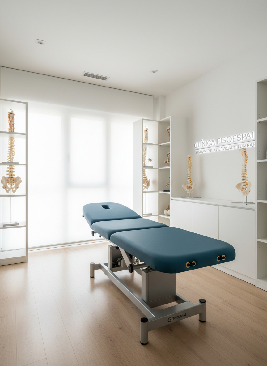 Un espacio de rehabilitación física de alta gama sin personas, con una camilla de tratamiento ergonómica de tapizado azul petróleo mate en el centro, rodeada de estanterías blancas minimalistas con modelos anatómicos de columna vertebral y articulaciones cuidadosamente ordenados. El suelo de madera clara satinada refleja suavemente la luz natural que entra por amplios ventanales, tamizada por estores blancos translúcidos. La iluminación es suave y uniforme, creando un ambiente calmado, profesional y acogedor. La composición fotográfica, en realismo nítido, está a nivel de ojo con ligera perspectiva angular, utilizando la regla de los tercios para resaltar la camilla como foco principal, mientras el fondo queda ligeramente desenfocado, transmitiendo orden, higiene y tecnología sanitaria moderna en una clínica de Valencia especializada en dolor cervical y lumbar.