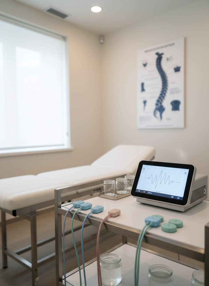 Una consulta de rehabilitación integral sin personas, con una camilla central y a un lado un carrito clínico de acero cepillado y superficie blanca mate, ordenado con electrodos de silicona, cables de colores suaves, gel conductor en frascos transparentes y un moderno dispositivo de neuromodulación con pantalla táctil encendida mostrando gráficos de ondas. El fondo presenta una pared blanco roto con un gran póster anatómico de columna vertebral en tonos azul y gris. Luz natural difusa entra desde una ventana alta, complementada por iluminación de techo cálida, creando un ambiente sereno y tecnológico. Fotografía a nivel de ojo, composición equilibrada, con foco nítido en el dispositivo y los electrodos, y ligero bokeh en el resto, estilo realista y limpio, transmitiendo innovación y enfoque en la raíz del dolor cervical y lumbar.