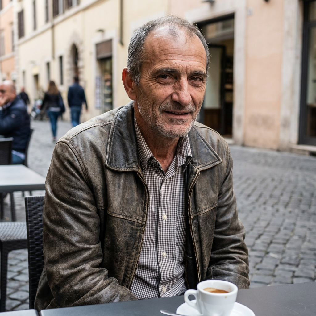 An older man in a leather jacket sits at an outdoor cafe with espresso.