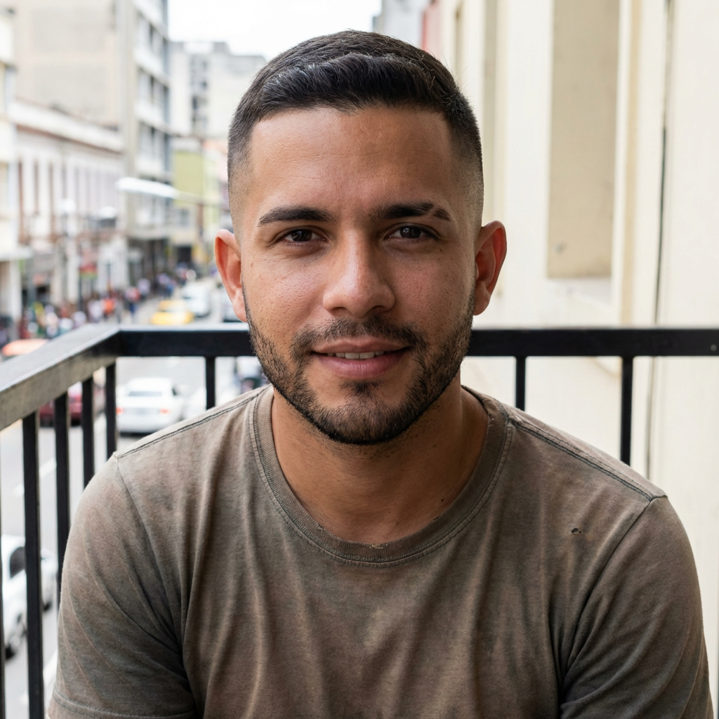 A smiling young man with a beard stands on a balcony overlooking a city.