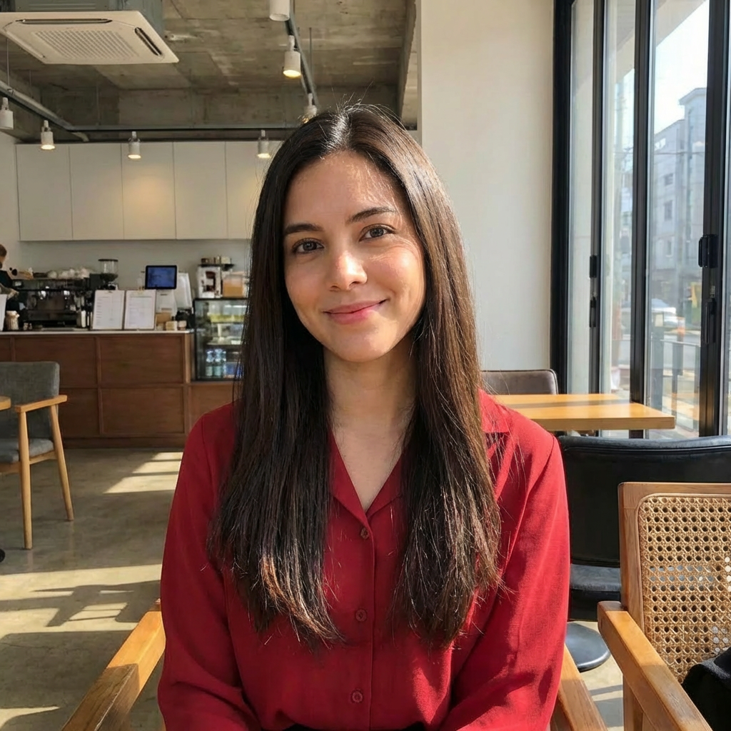Smiling woman with wavy dark hair wearing a red shirt in a sunlit cafe.