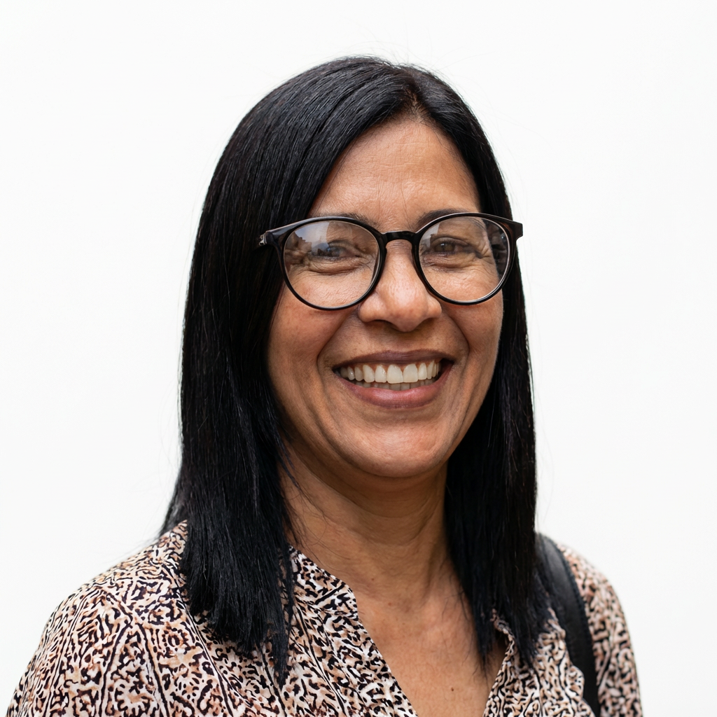 A smiling woman with straight black hair stands in a crowded outdoor market.